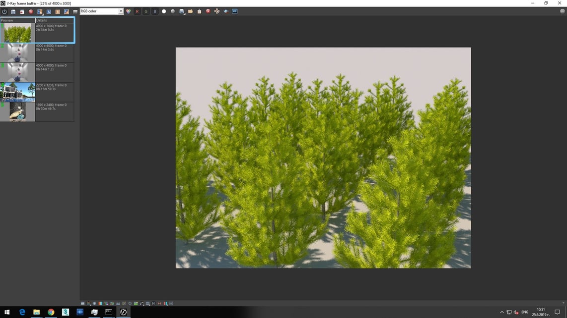 Screenshot of V-Ray Next processed image of coniferous green trees showing in Details of Preview rendering time 2h 34m 9.8s.