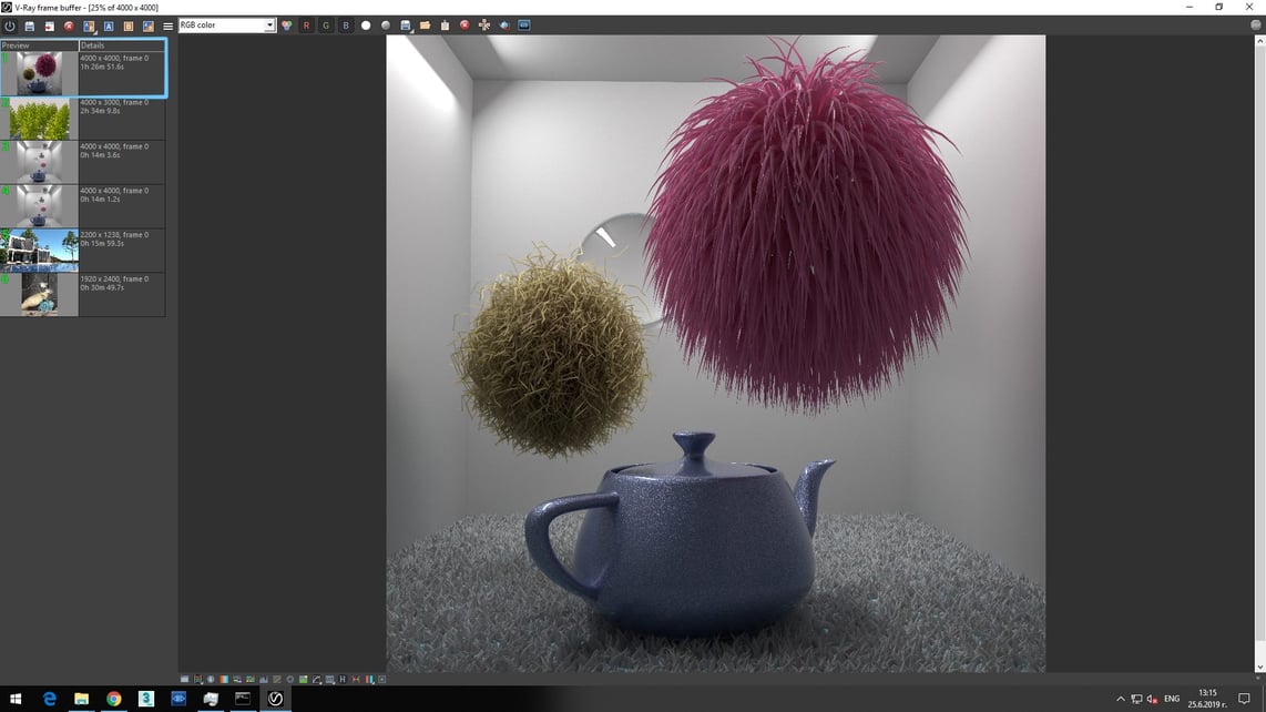 Screenshot of V-Ray Next processed image of blue pot on white carpet and flying two feather ball showing in Details of Preview rendering time 1h 26m 51.6s.