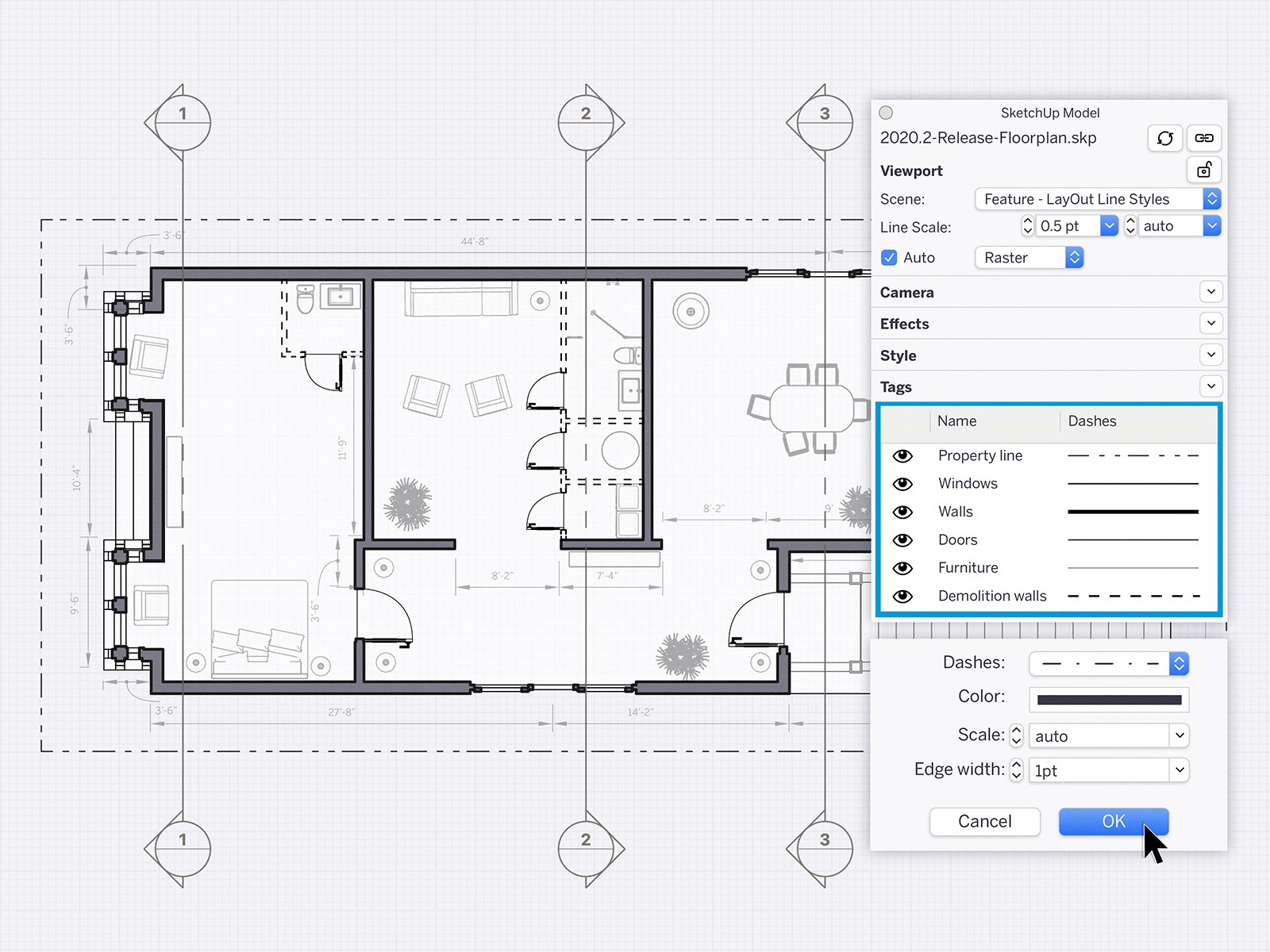 Control line width, colour, and pattern by tag in LayOut