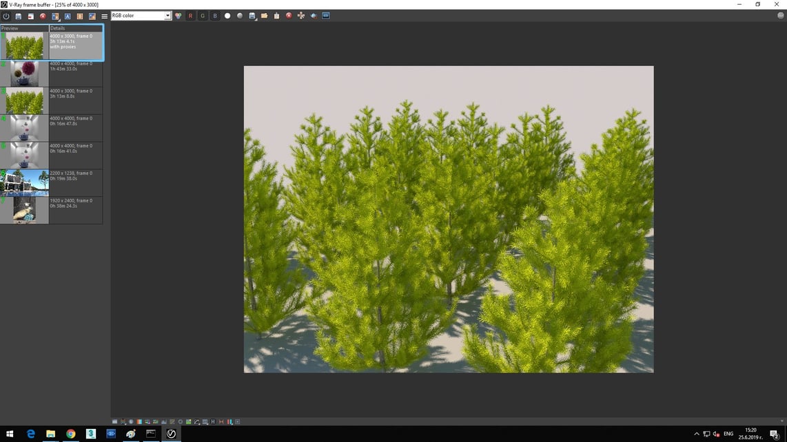 Screenshot of V-Ray Next processed image of coniferous green trees showing in Details of Preview rendering time 3h 13m 4.1s. 