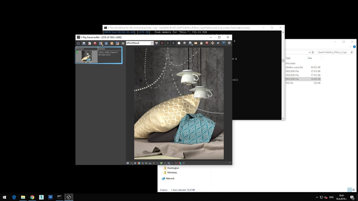 Screenshot of V-Ray Next processed image of upside down coffee cups and two pillows on gray blanket showing in Details of Preview rendering time 0h 38m 24.3s.