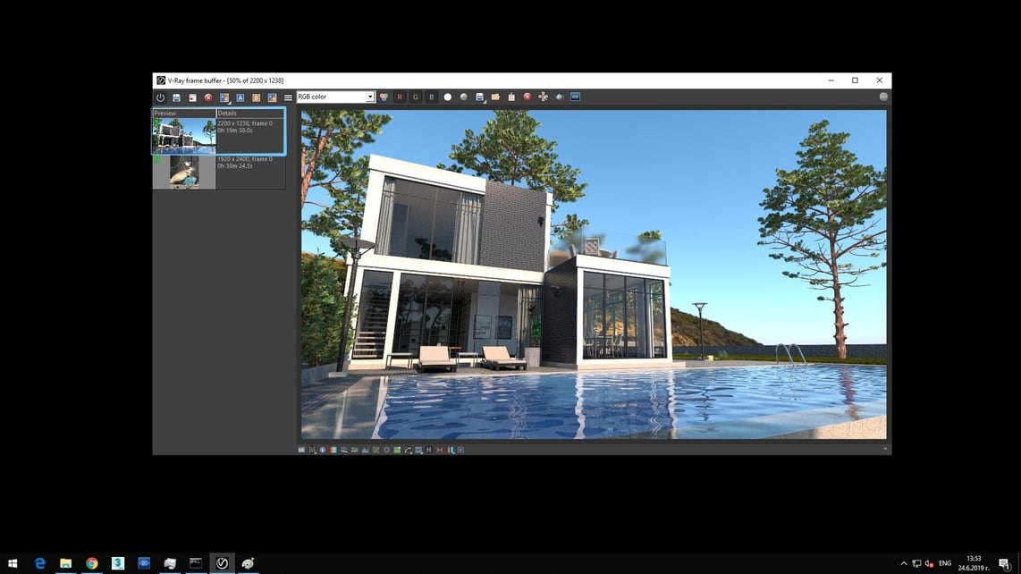 Screenshot of V-Ray Next processed exterior image of cubic house with glass walls and pool showing in Details of Preview rendering time 0h 19m 38.0s.