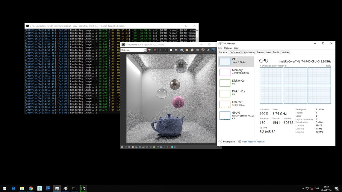Screenshot of V-Ray Next Standalone processing image of blue pot and flying bubbles with opened Task Manager showing 6 CPU and Speed: 3.74 GHz.