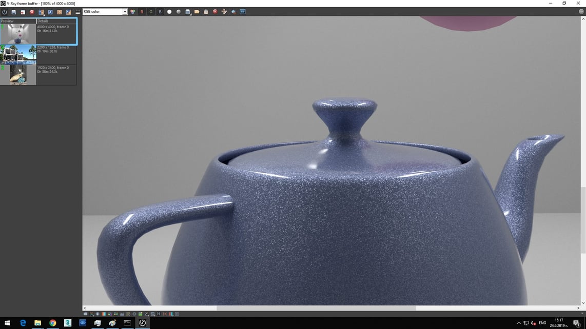 Screenshot of V-ray frame buffer showing zoomed rendered image and Details of Preview, rendering time with no hyper-threading: 0h 16m 41.0s.