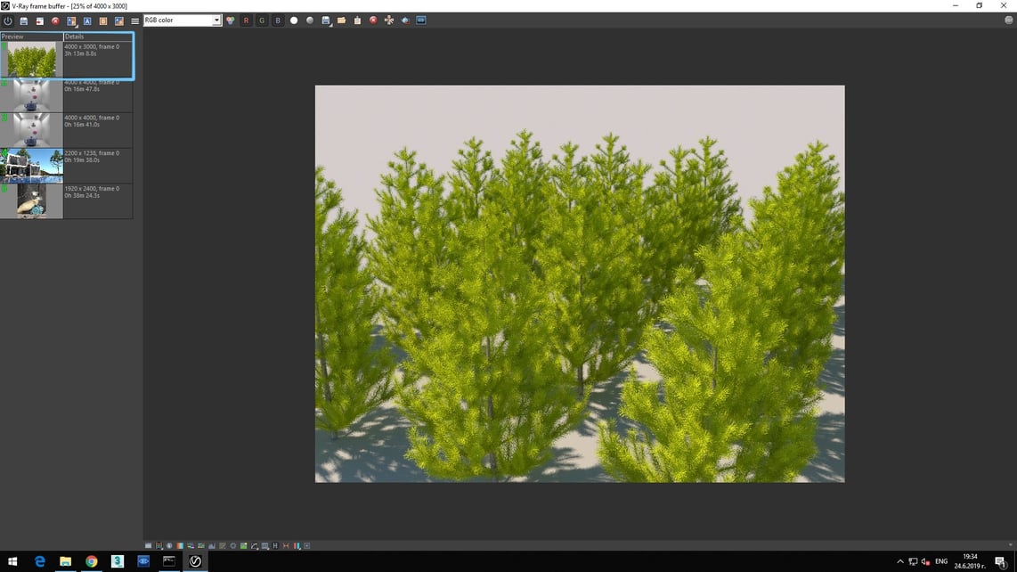 Screenshot of V-Ray Next processed image of coniferous green trees showing in Details of Preview rendering time 3h 13m 8.8s.