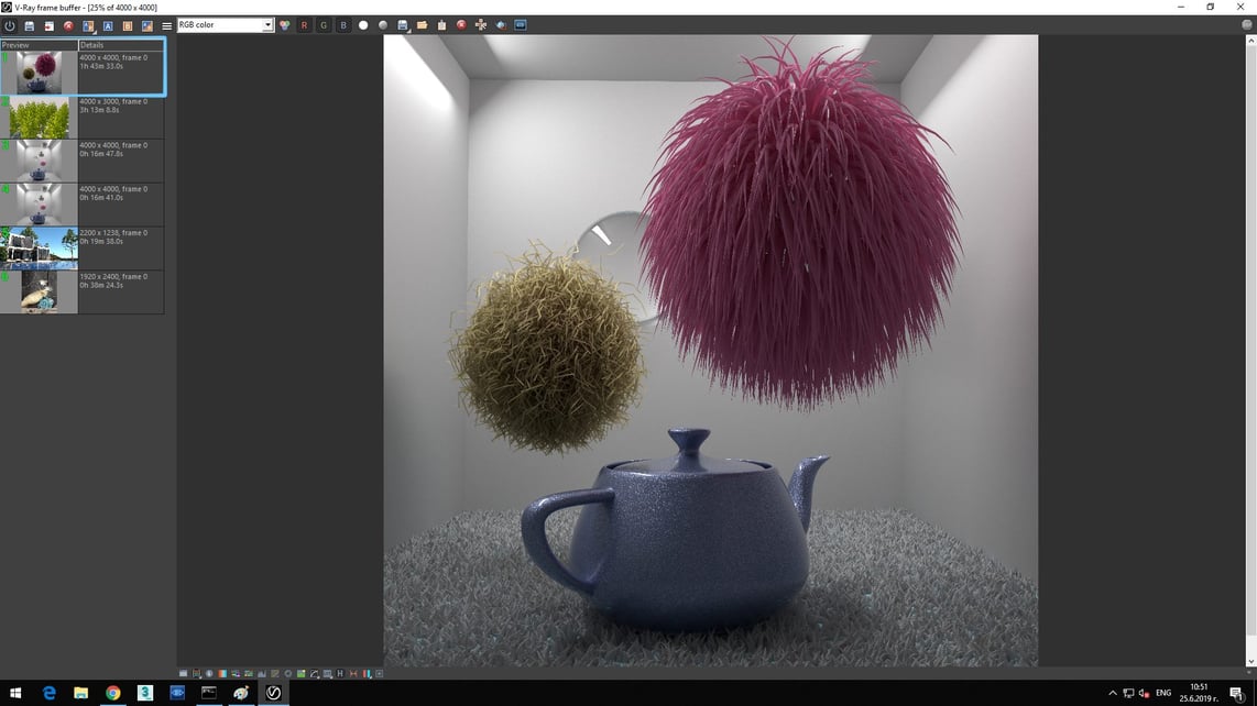 Screenshot of V-Ray Next processed image of blue pot on white carpet and flying two feather ball showing in Details of Preview rendering time 1h 43m 33.0s.