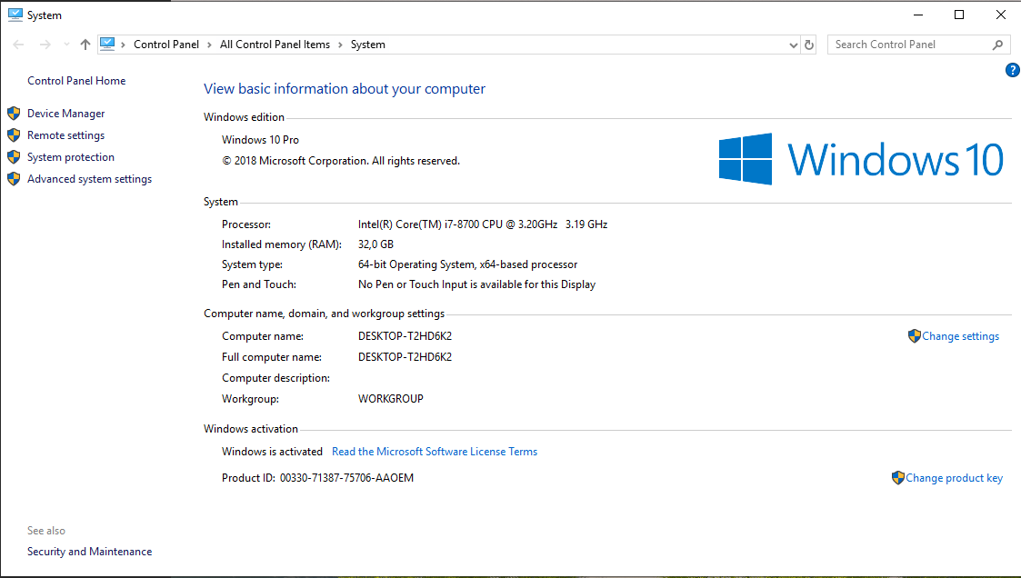 Screenshot of Windows 10 showing Control Panel, System, Processor Intel® Core ™ i7-8700 SPU @ 3.20GHz 3.19 GHz