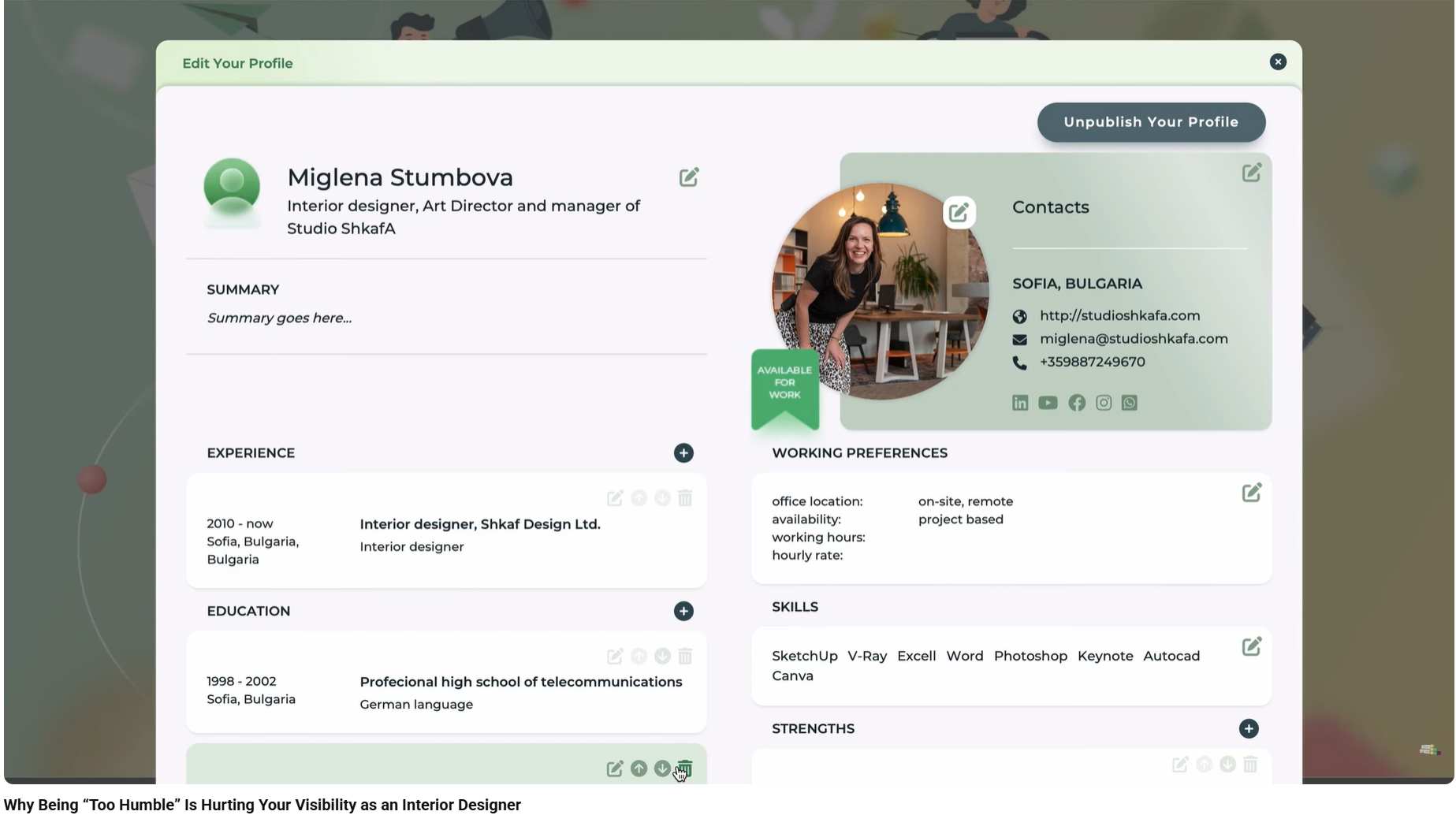 Interior designer Miglena Stumbova discussing confidence and visibility in design careers